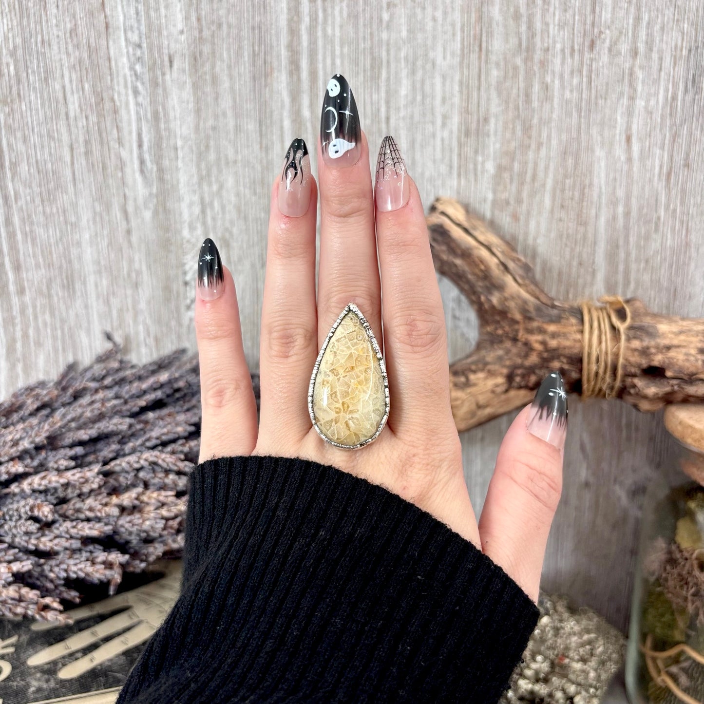 Fossilized Coral Crystal Ring Fine Silver Size 8 / Foxlark Collection - One of a Kind