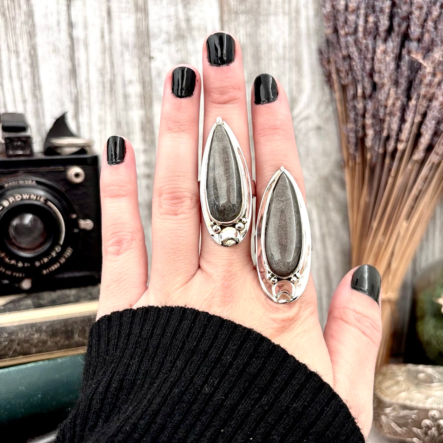Silver Sheen Obsidian Ring Sterling Silver / Magic Moon Designed by FOXLARK Adjustable Size 6 7 8 9 10