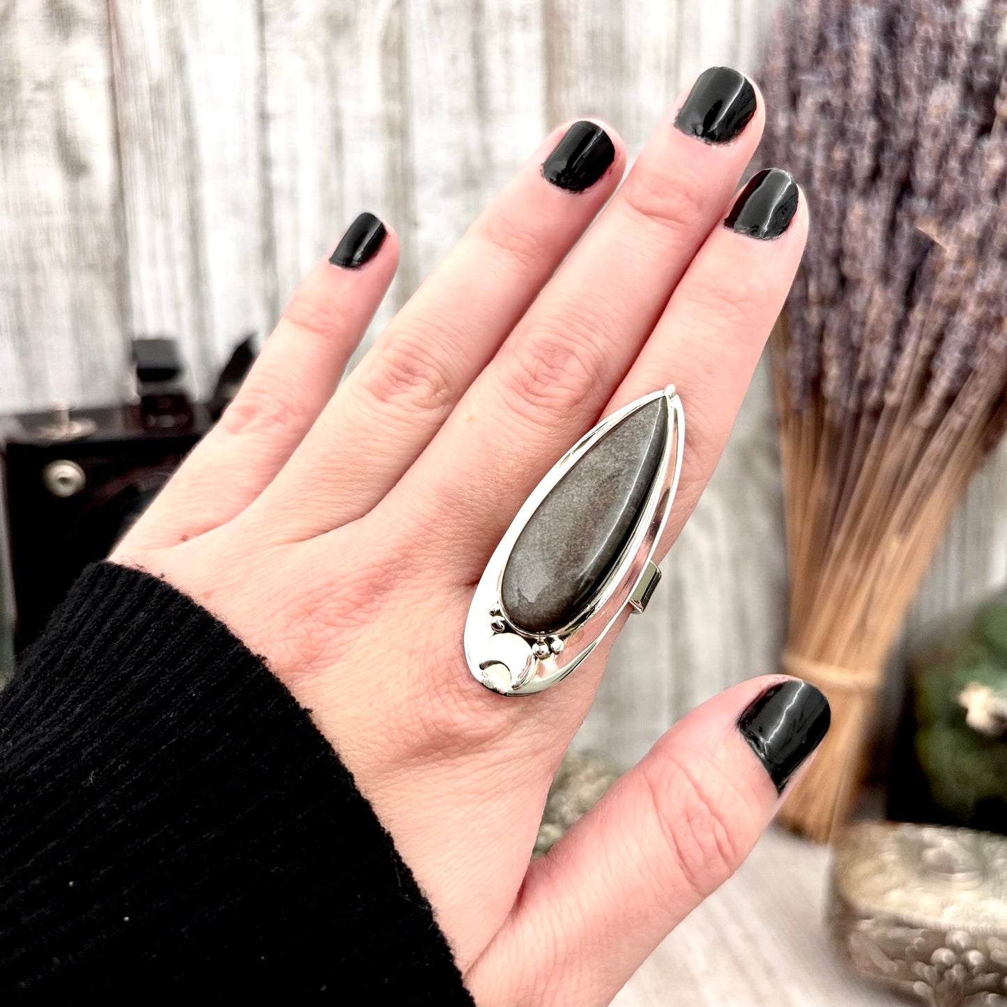 Silver Sheen Obsidian Ring Sterling Silver / Magic Moon Designed by FOXLARK Adjustable Size 6 7 8 9 10
