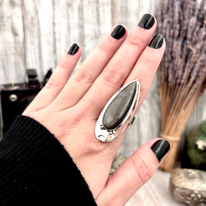 Silver Sheen Obsidian Ring Sterling Silver / Magic Moon Designed by FOXLARK Adjustable Size 6 7 8 9 10