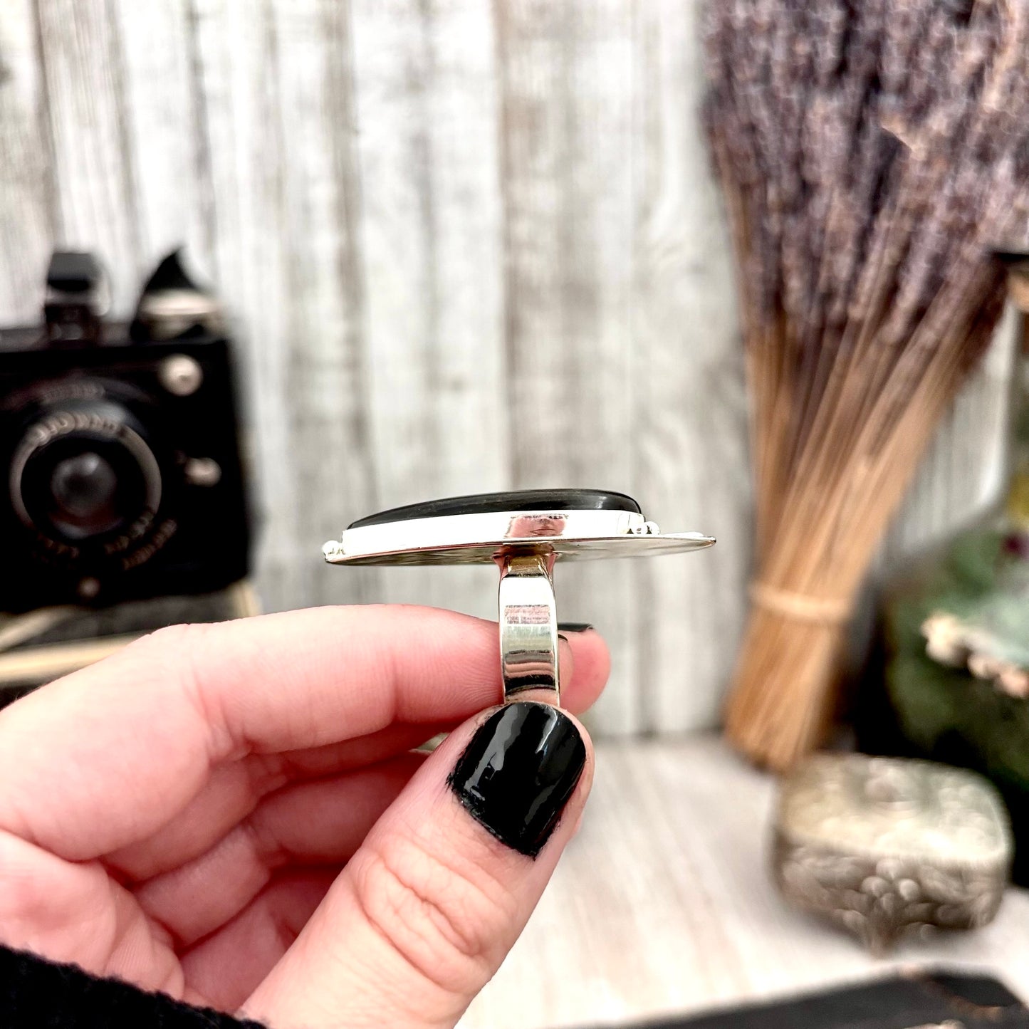 Silver Sheen Obsidian Ring Sterling Silver / Magic Moon Designed by FOXLARK Adjustable Size 6 7 8 9 10