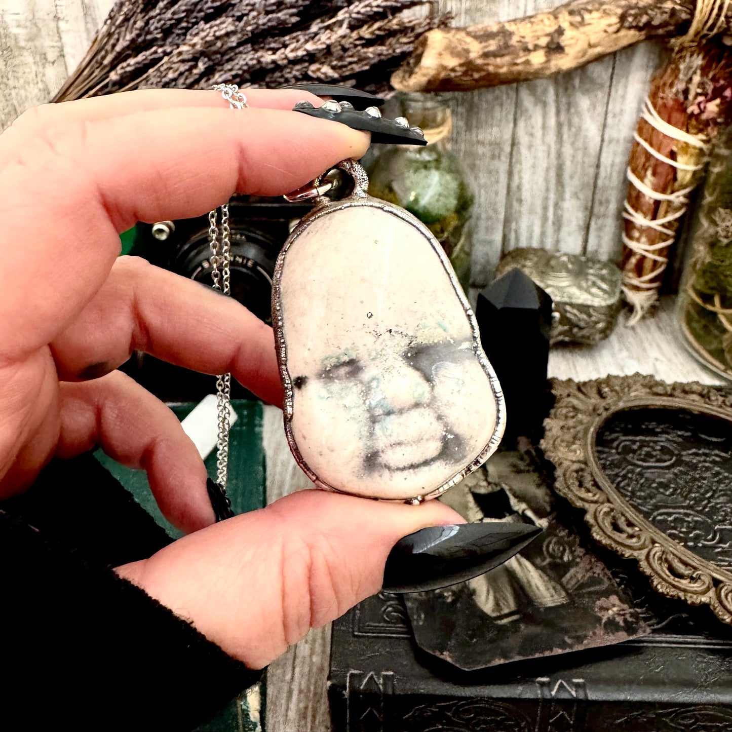 Ceramic Baby Doll Face Necklace Fine Silver / Foxlark Collection - One of a Kind