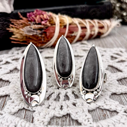 Silver Sheen Obsidian Ring Sterling Silver / Magic Moon Designed by FOXLARK Adjustable Size 6 7 8 9 10