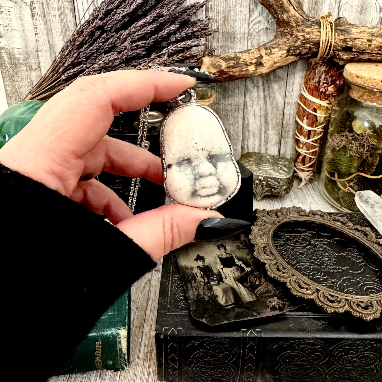 Ceramic Baby Doll Face Necklace Fine Silver / Foxlark Collection - One of a Kind