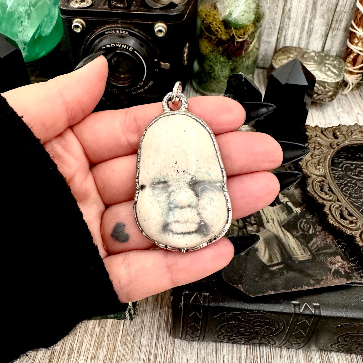 Ceramic Baby Doll Face Necklace Fine Silver / Foxlark Collection - One of a Kind