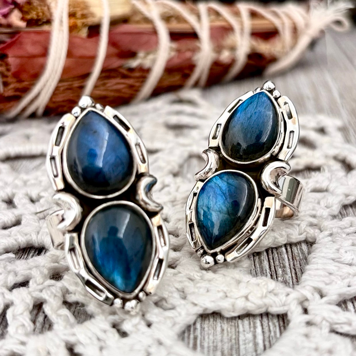 Mystic Moons Labradorite Crystal Ring Sterling Silver Designed FOXLARK Collection Adjustable Ring Size Range 6-9 / Crystal Witchy Jewelry