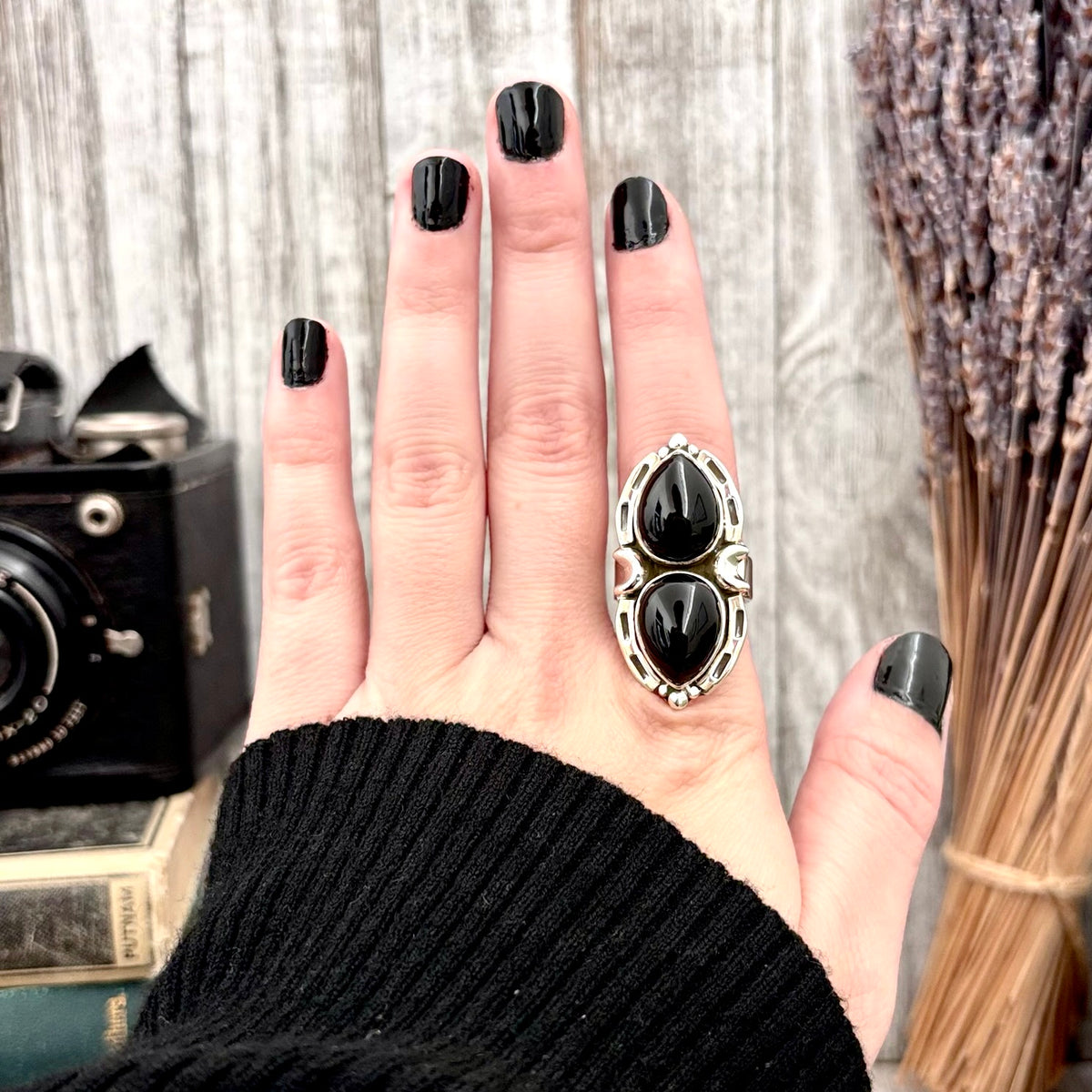 Mystic Moons Black Onyx Crystal Ring in Solid Sterling Silver- Designed by FOXLARK Collection Size Adjustable from 6 - 9 / Gothic Jewelry FOXLARK