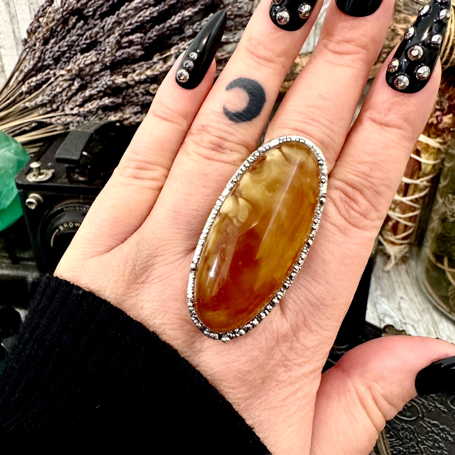 Baltic Amber Crystal Ring Fine Silver Size 9 / Foxlark Collection - One of a Kind