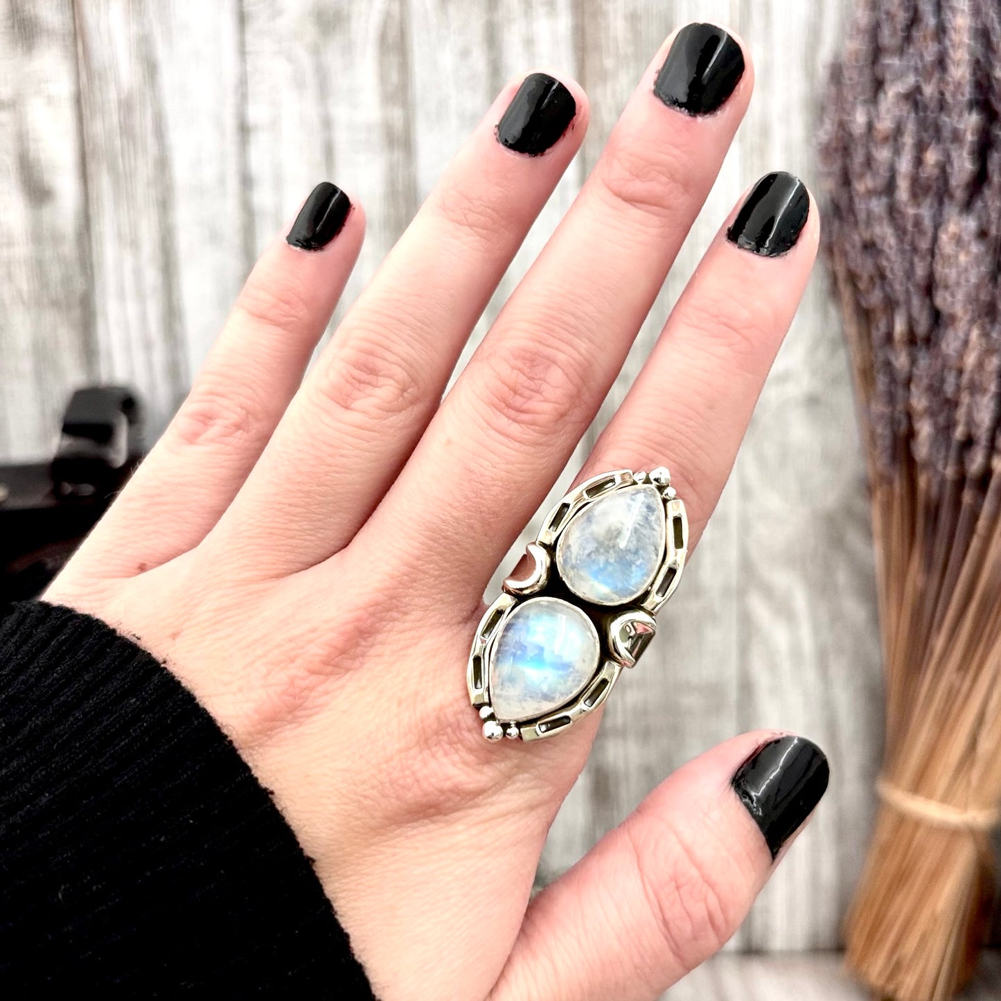 Mystic Moons Rainbow Moonstone Crystal Ring in Solid Sterling Silver- Designed by FOXLARK Collection Adjustable Ring Size Range 6-9