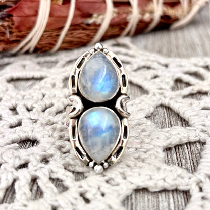 Mystic Moons Rainbow Moonstone Crystal Ring in Solid Sterling Silver- Designed by FOXLARK Collection Adjustable Ring Size Range 6-9