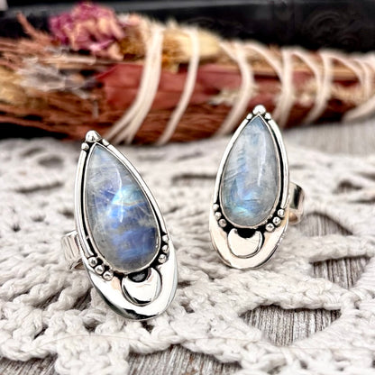 Midnight Moon Rainbow Moonstone Crystal Ring in Sterling Silver- Designed by FOXLARK Collection Adjustable to Size 6 7 8 9