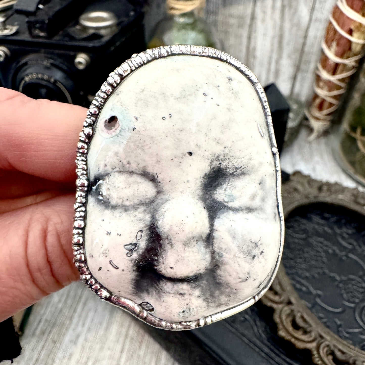 Ceramic Baby Doll Head Ring Fine Silver Size 10 / Foxlark Collection - One of a Kind