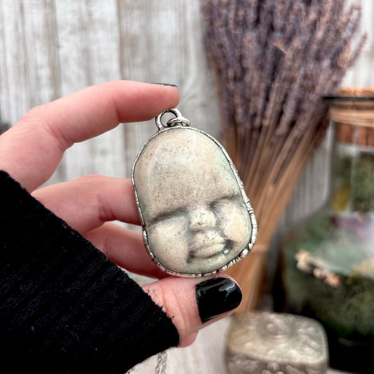 Ceramic Baby Doll Face Necklace Fine Silver / Foxlark Collection - One of a Kind