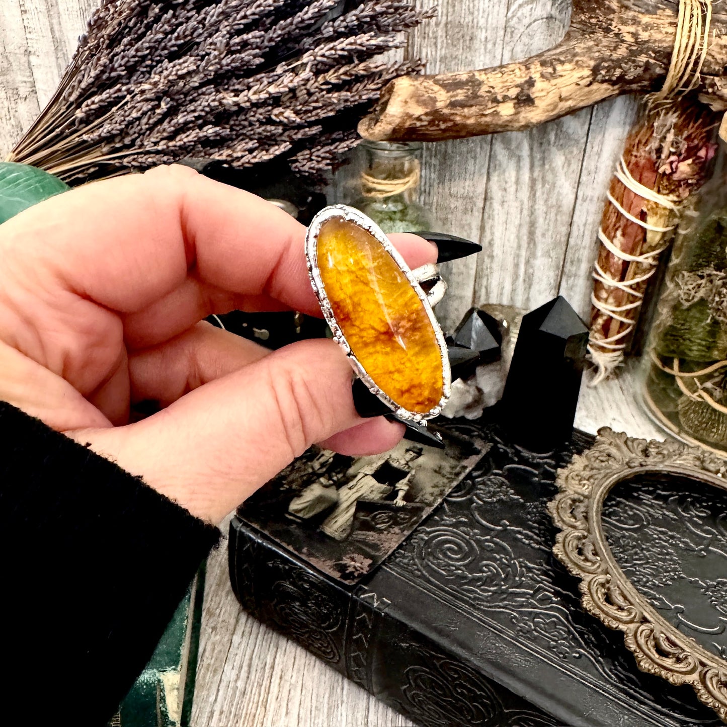 Baltic Amber Crystal Ring Fine Silver Size 8 / Foxlark Collection - One of a Kind