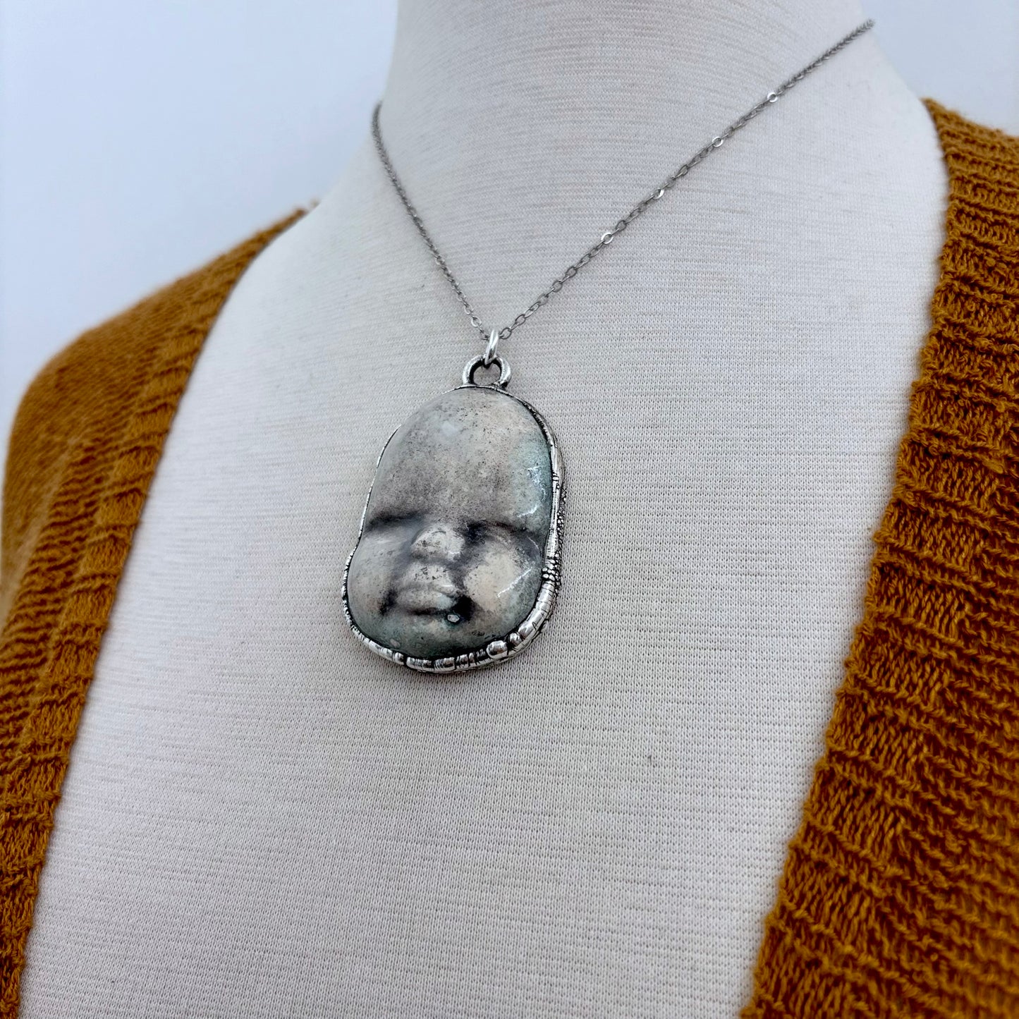 Ceramic Baby Doll Face Necklace Fine Silver / Foxlark Collection - One of a Kind