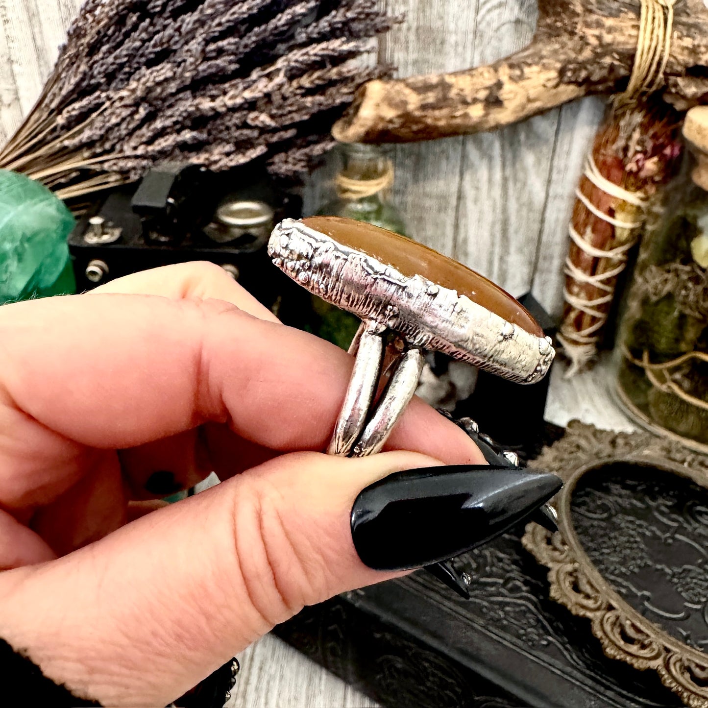 Baltic Amber Crystal Ring Fine Silver Size 8 / Foxlark Collection - One of a Kind