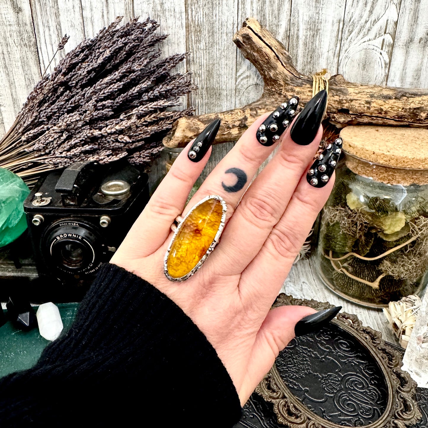 Baltic Amber Crystal Ring Fine Silver Size 8 / Foxlark Collection - One of a Kind