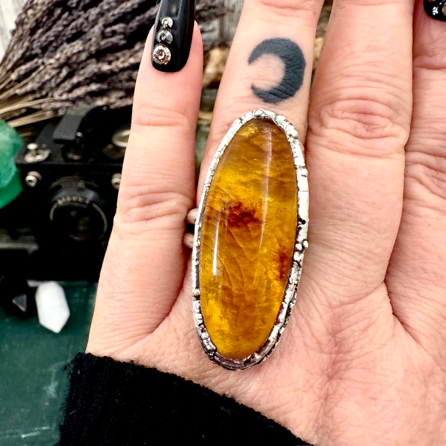 Baltic Amber Crystal Ring Fine Silver Size 8 / Foxlark Collection - One of a Kind