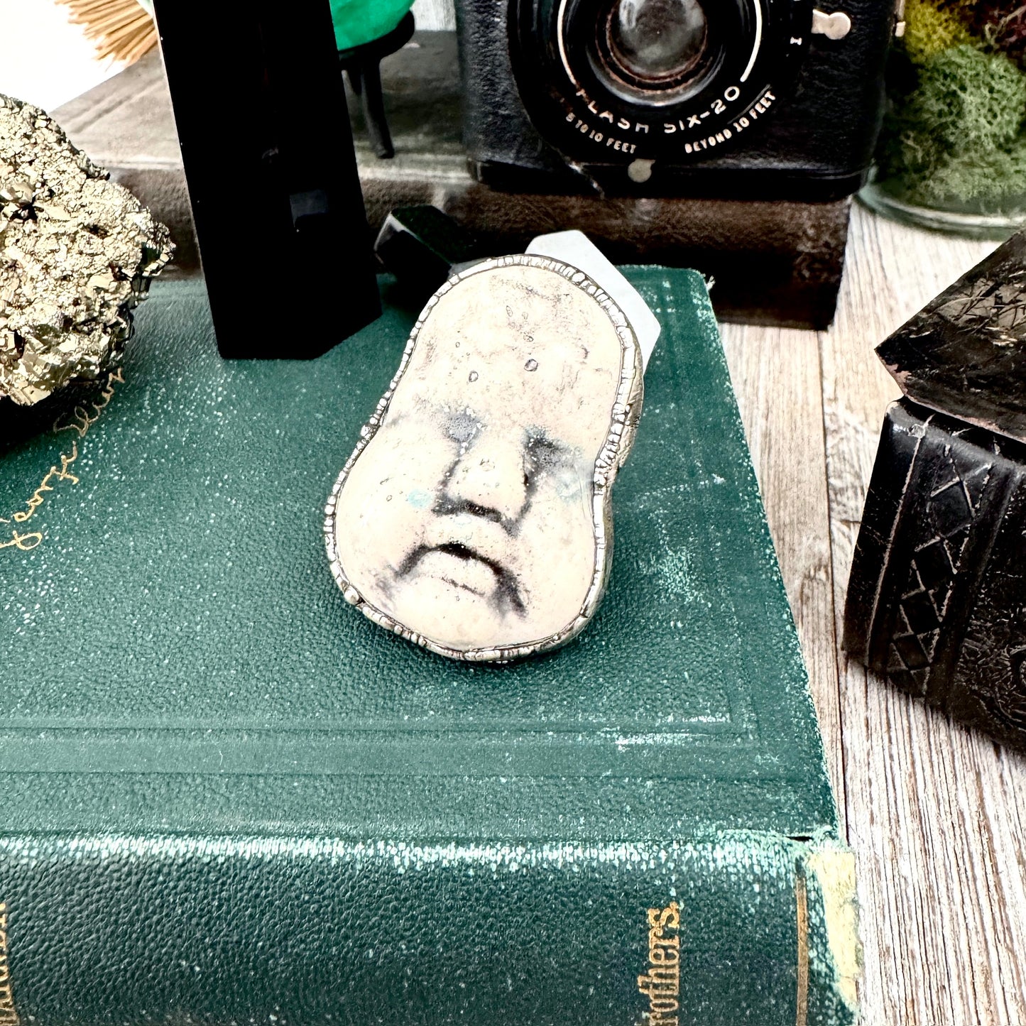 Ceramic Baby Doll Head Ring Fine Silver Size 9 / Foxlark Collection - One of a Kind