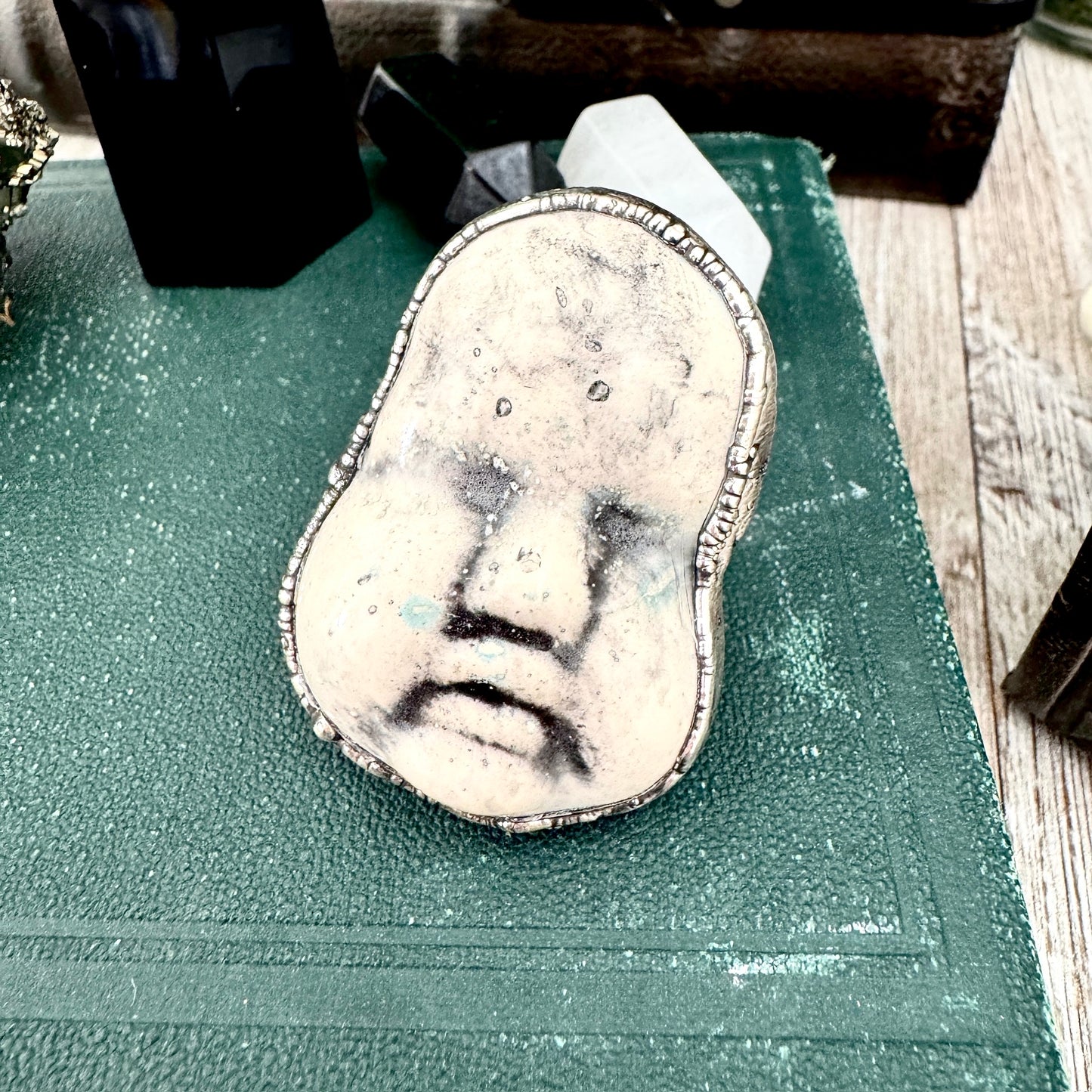 Ceramic Baby Doll Head Ring Fine Silver Size 9 / Foxlark Collection - One of a Kind