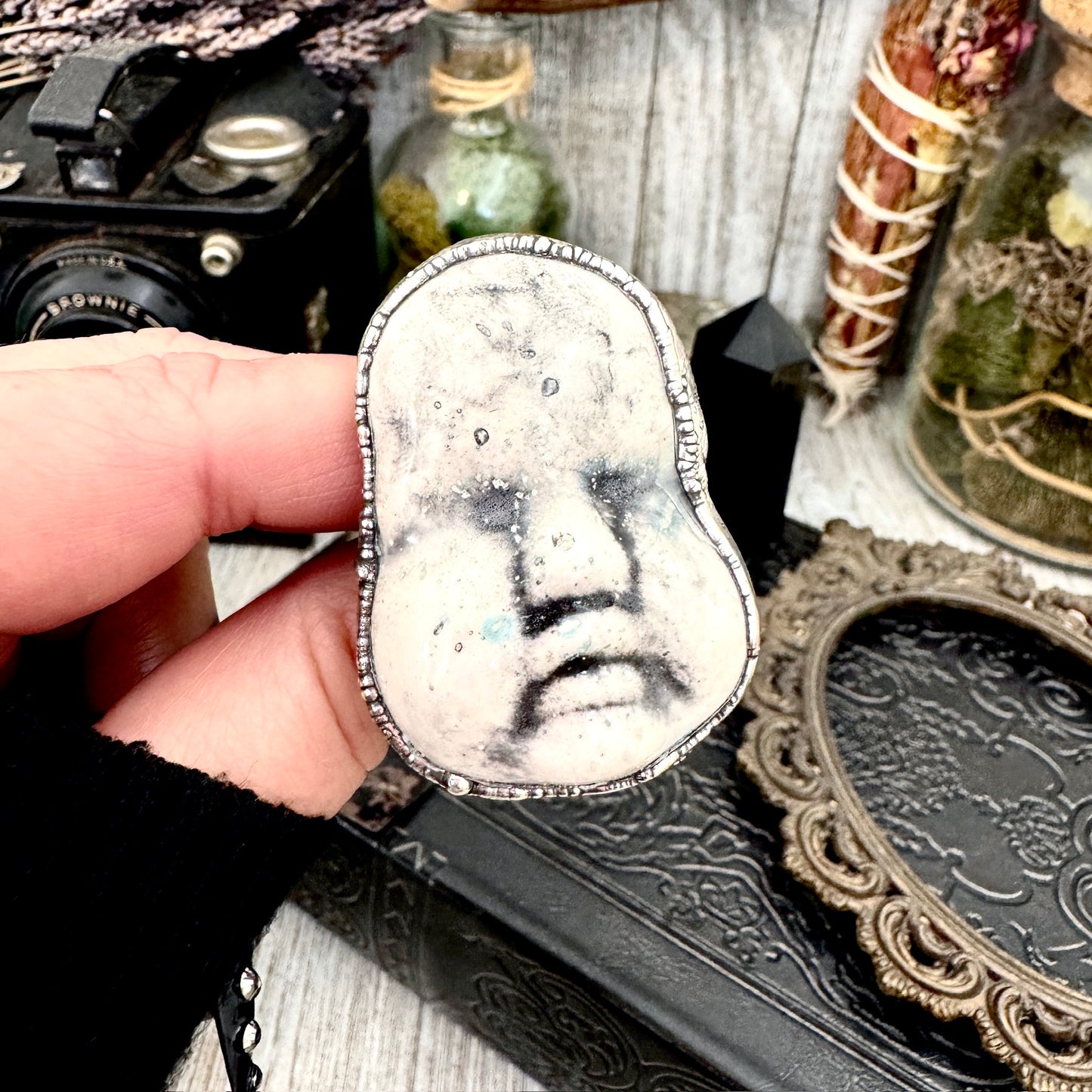 Ceramic Baby Doll Head Ring Fine Silver Size 9 / Foxlark Collection - One of a Kind