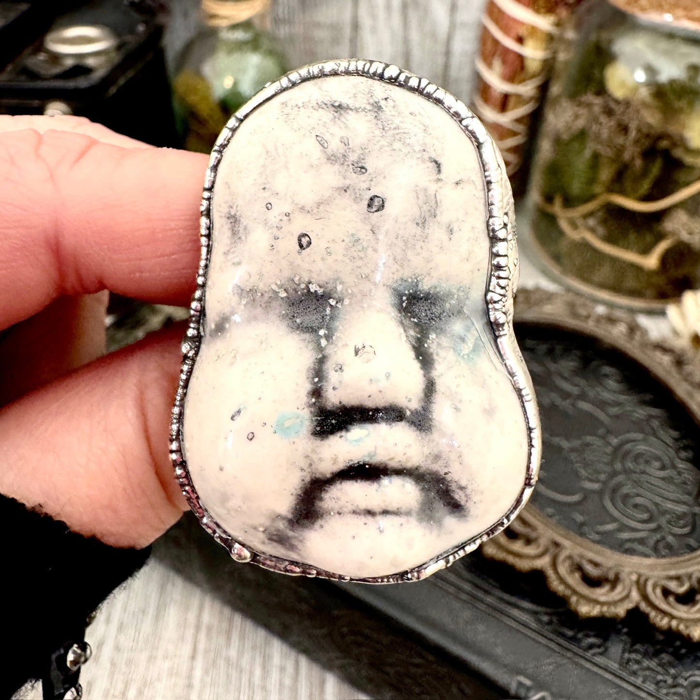 Ceramic Baby Doll Head Ring Fine Silver Size 9 / Foxlark Collection - One of a Kind