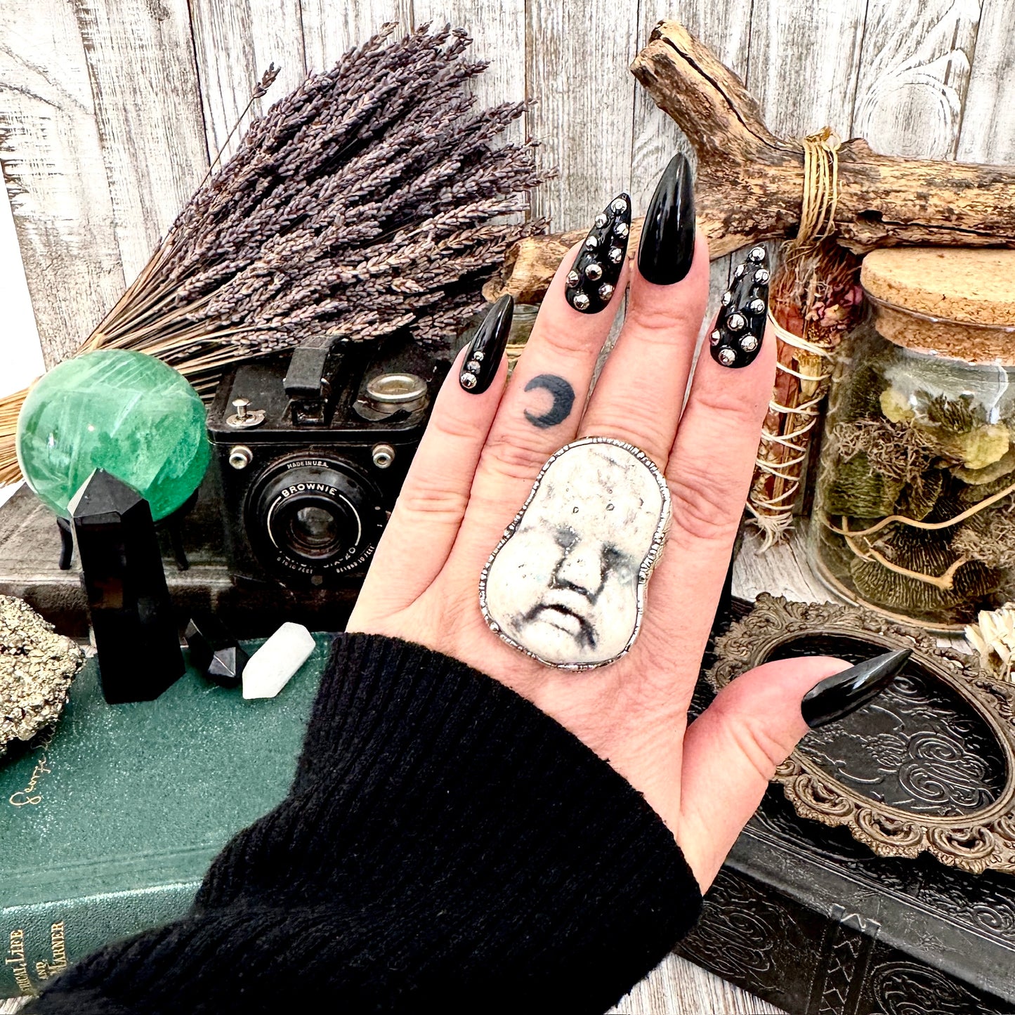 Ceramic Baby Doll Head Ring Fine Silver Size 9 / Foxlark Collection - One of a Kind