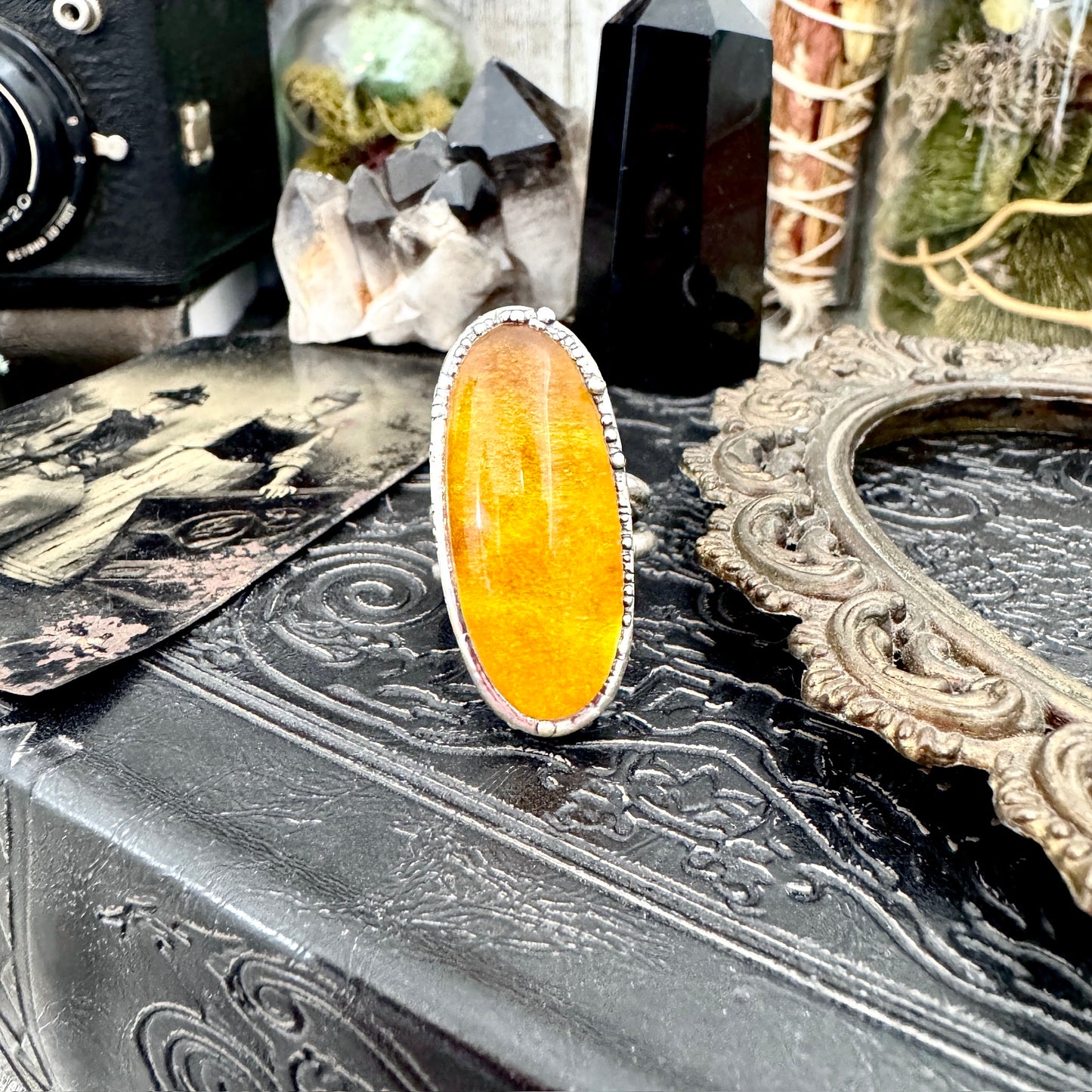 Baltic Amber Crystal Ring Fine Silver Size 6.5 / Foxlark Collection - One of a Kind