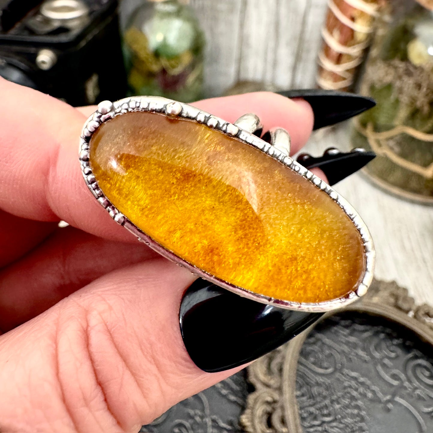 Baltic Amber Crystal Ring Fine Silver Size 6.5 / Foxlark Collection - One of a Kind