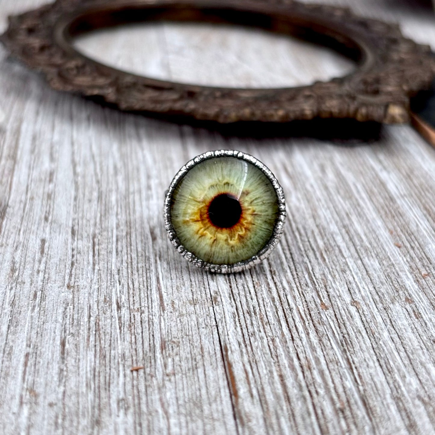 Green Eyeball Fine Silver Ring Size 5 6 7 8 9 10 / Foxlark Collection