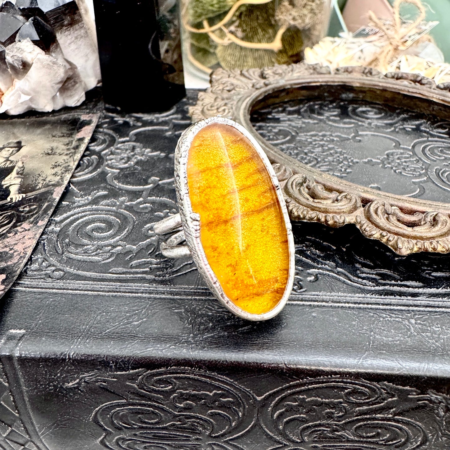 Baltic Amber Crystal Ring Fine Silver Size 7.5 / Foxlark Collection - One of a Kind
