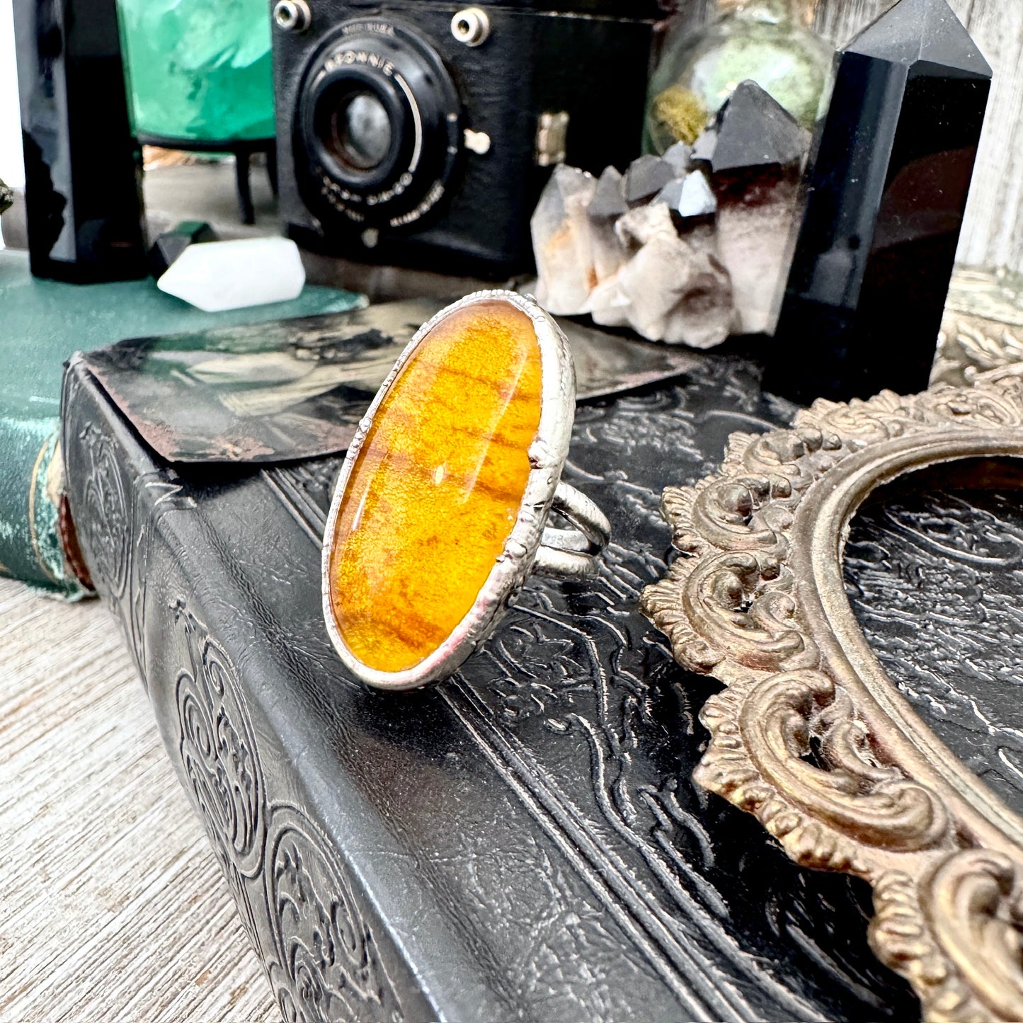 Baltic Amber Crystal Ring Fine Silver Size 7.5 / Foxlark Collection - One of a Kind