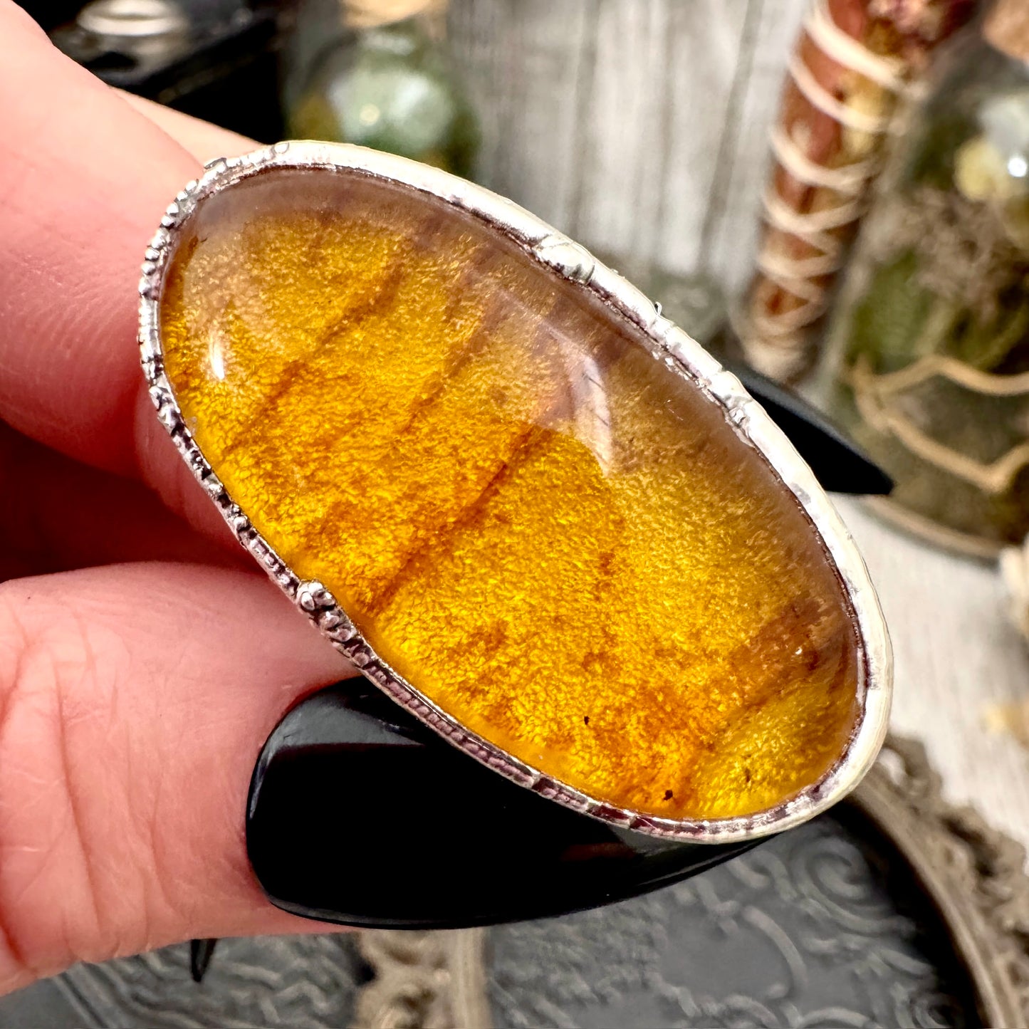 Baltic Amber Crystal Ring Fine Silver Size 7.5 / Foxlark Collection - One of a Kind