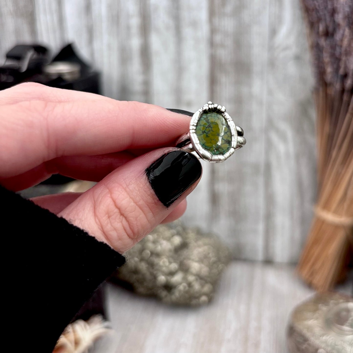 Green Turquoise Stone Ring Fine Silver Size 6.5 / Foxlark Collection - One of a Kind