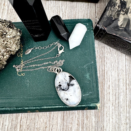 Big Rainbow Moonstone with Black Tourmaline Necklace in Fine Silver / Foxlark Collection - One of a Kind