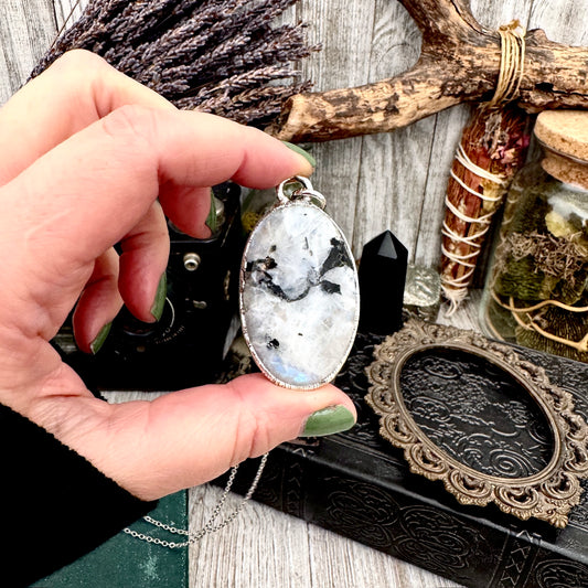 Big Rainbow Moonstone with Black Tourmaline Necklace in Fine Silver / Foxlark Collection - One of a Kind