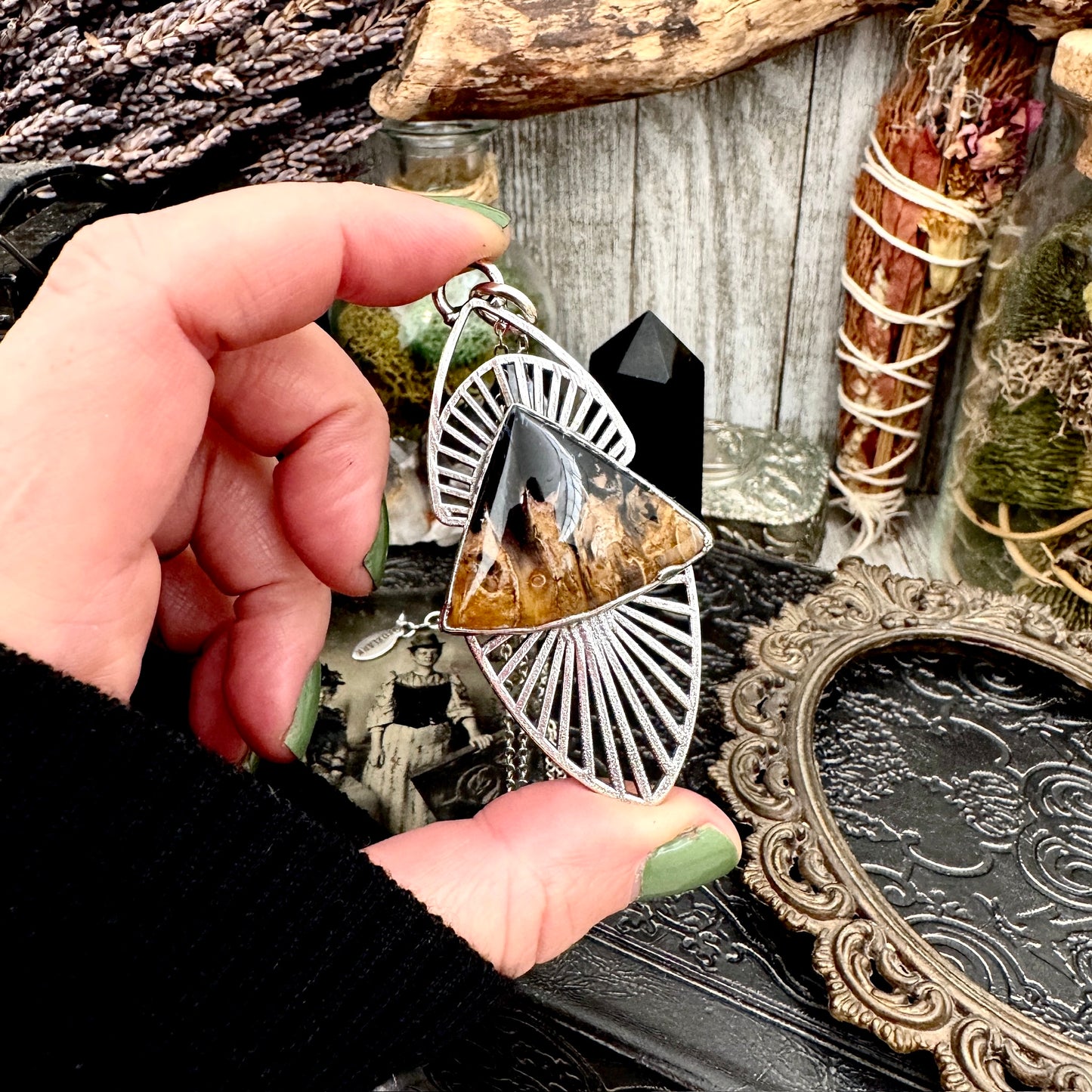 Moss & Moon Collection - Fossilized Palm Root Statement Necklace in Fine Silver / One of a Kind