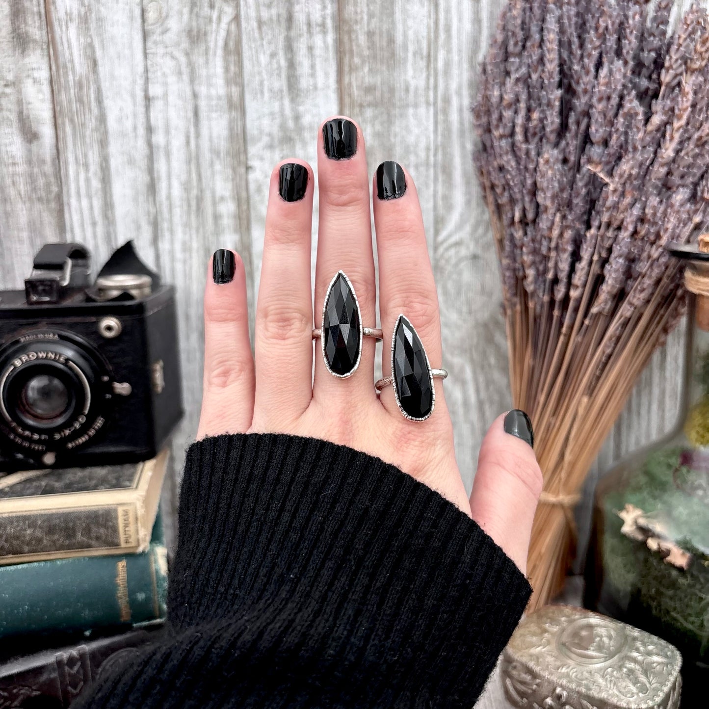 Black Onyx Ring Fine Silver Small faceted Stone Ring Size 5 6 7 8 9 10 11 / Foxlark Collection