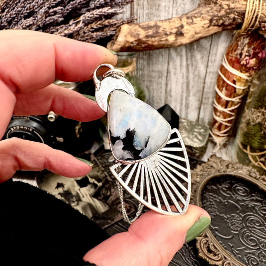 Moss & Moon Collection - Rainbow Moonstone With Black Tourmaline Statement Necklace in Fine Silver / One of a Kind