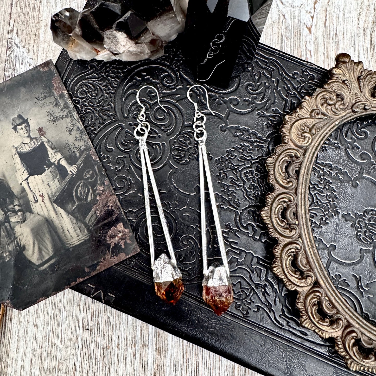 Raw Citrine Fine Silver Crystal Dangle Earrings / Long Dangle Witchy Earrings