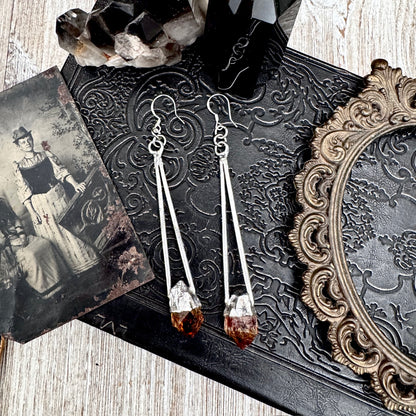 Raw Citrine Fine Silver Crystal Dangle Earrings / Long Dangle Witchy Earrings
