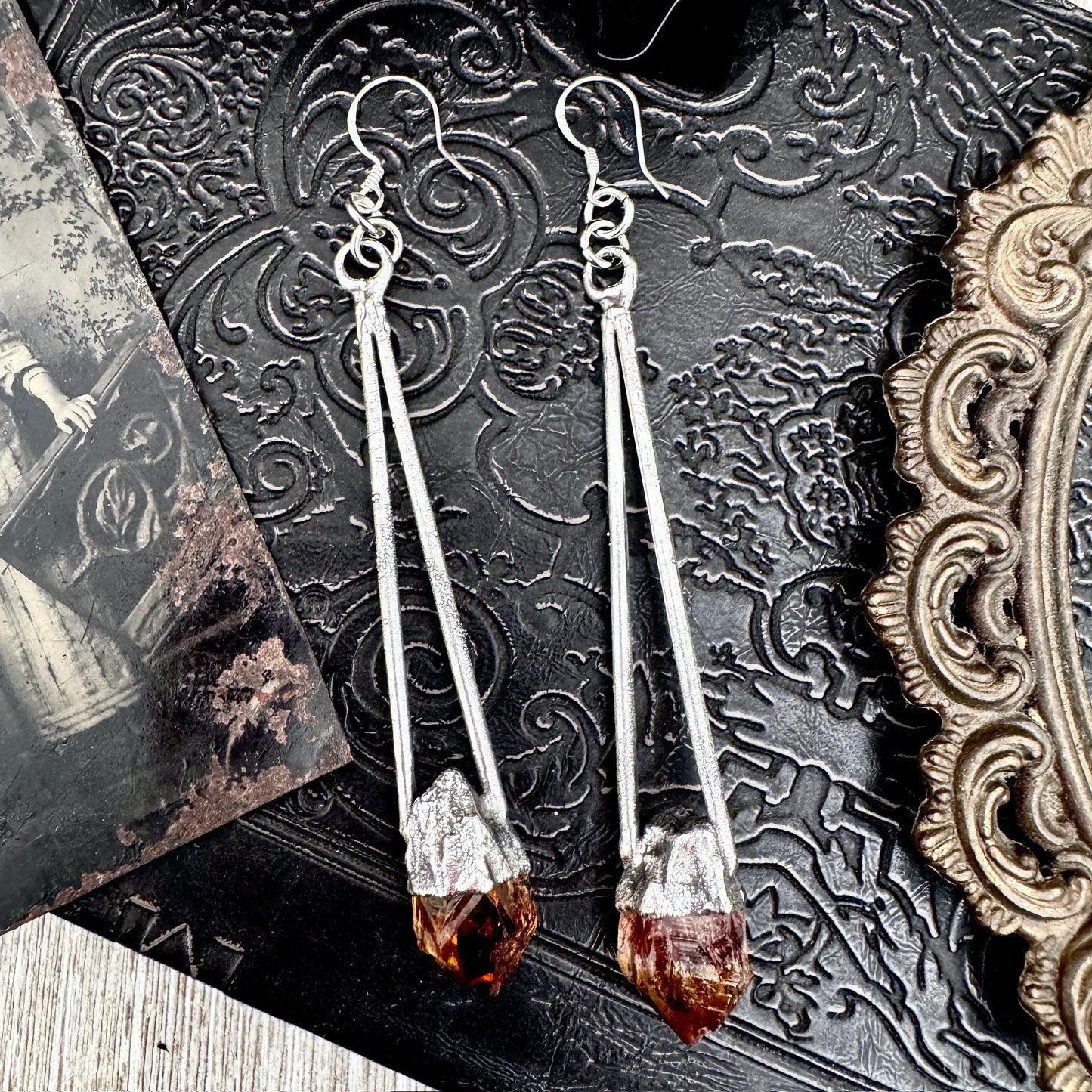 Raw Citrine Fine Silver Crystal Dangle Earrings / Long Dangle Witchy Earrings
