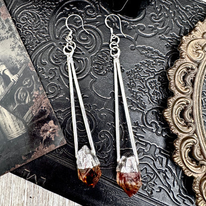 Raw Citrine Fine Silver Crystal Dangle Earrings / Long Dangle Witchy Earrings