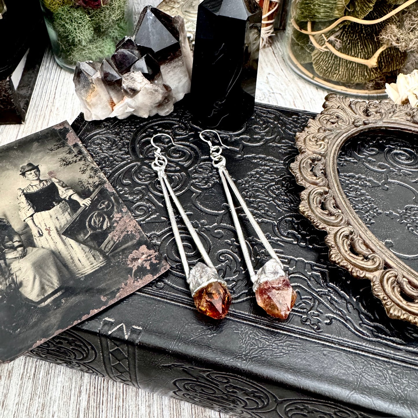 Raw Citrine Fine Silver Crystal Dangle Earrings / Long Dangle Witchy Earrings