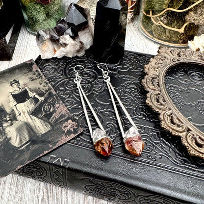 Raw Citrine Fine Silver Crystal Dangle Earrings / Long Dangle Witchy Earrings