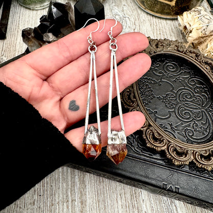 Raw Citrine Fine Silver Crystal Dangle Earrings / Long Dangle Witchy Earrings