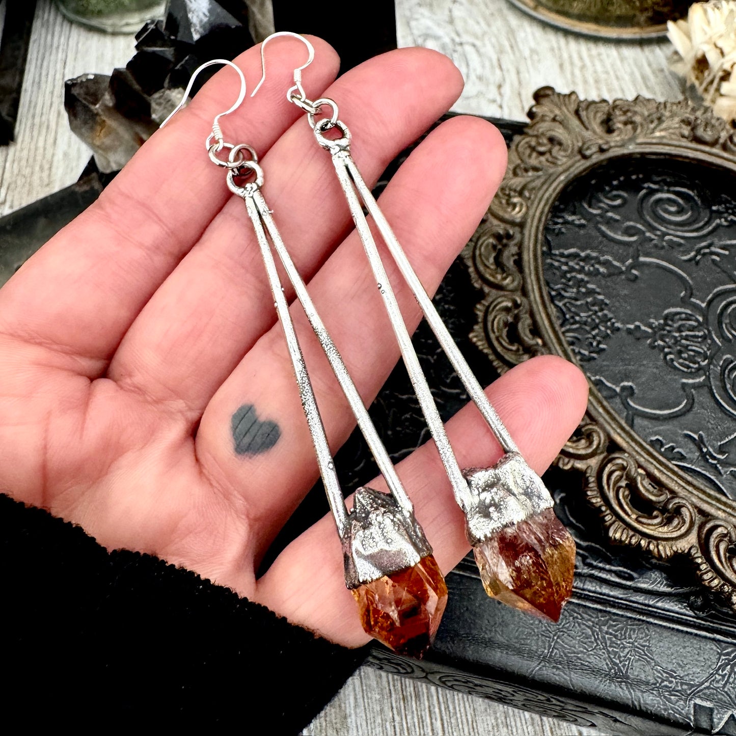 Raw Citrine Fine Silver Crystal Dangle Earrings / Long Dangle Witchy Earrings