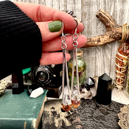 Raw Citrine Fine Silver Crystal Dangle Earrings / Long Dangle Witchy Earrings