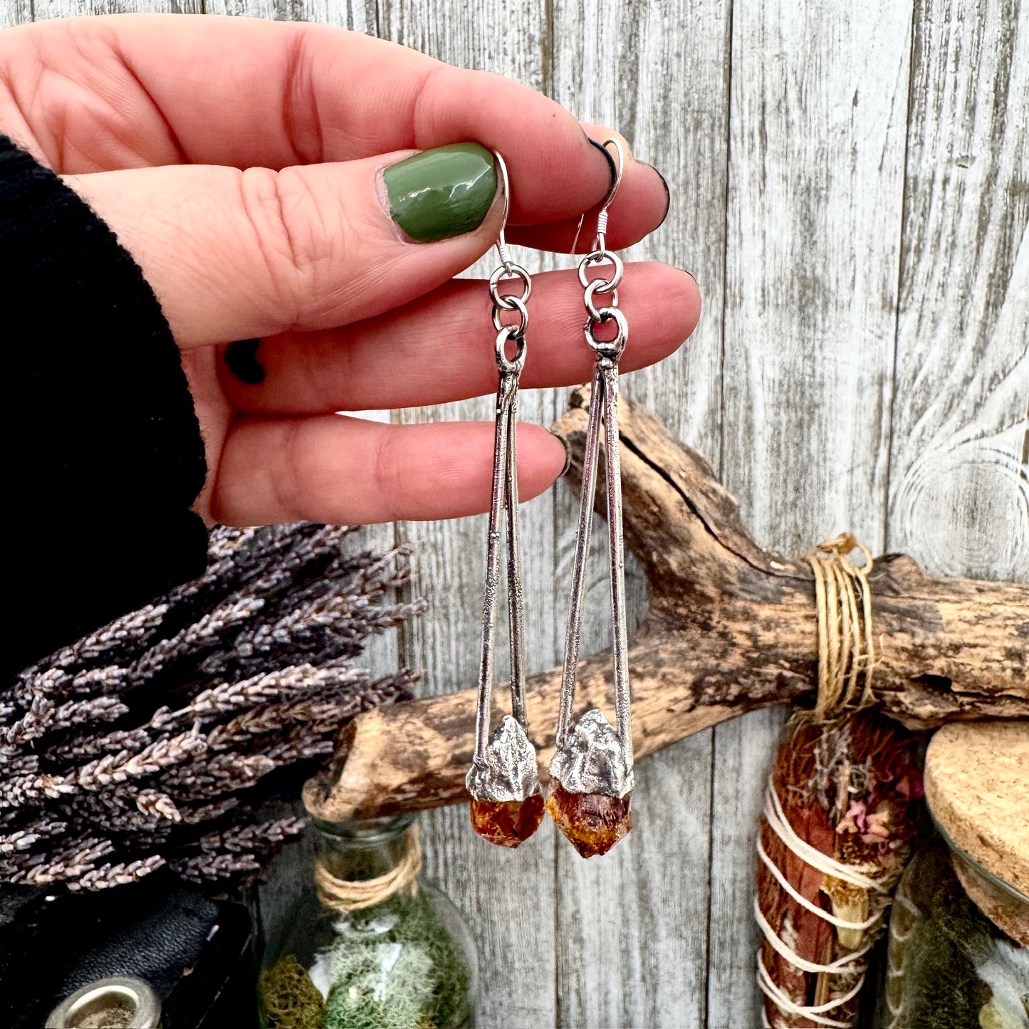 Raw Citrine Fine Silver Crystal Dangle Earrings / Long Dangle Witchy Earrings