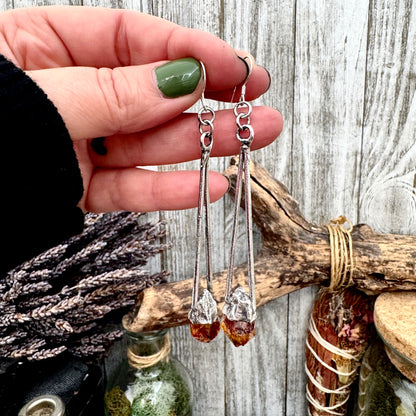Raw Citrine Fine Silver Crystal Dangle Earrings / Long Dangle Witchy Earrings